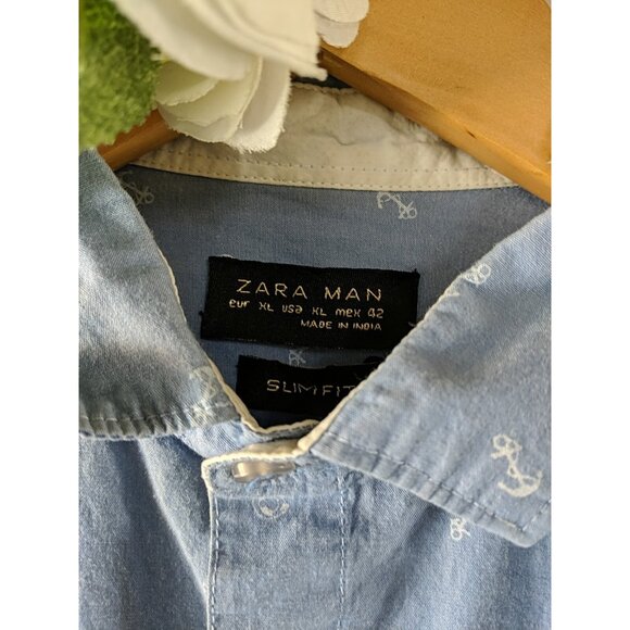 ZARA MAN Men's Anchor Print Pattern Slim Fit Button Up Long Sleeve Size XL - Picture 6 of 8